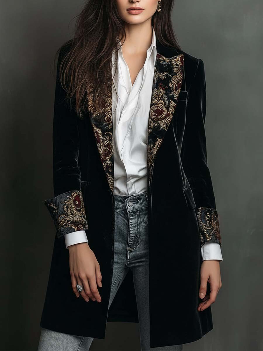 Slim Fit Blazer Schwarz mit Barockdruck für Frauen