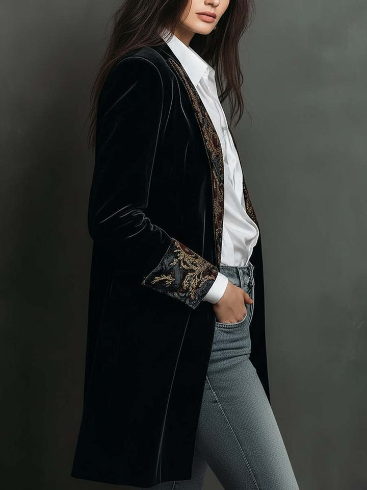Slim Fit Blazer Schwarz mit Barockdruck für Frauen