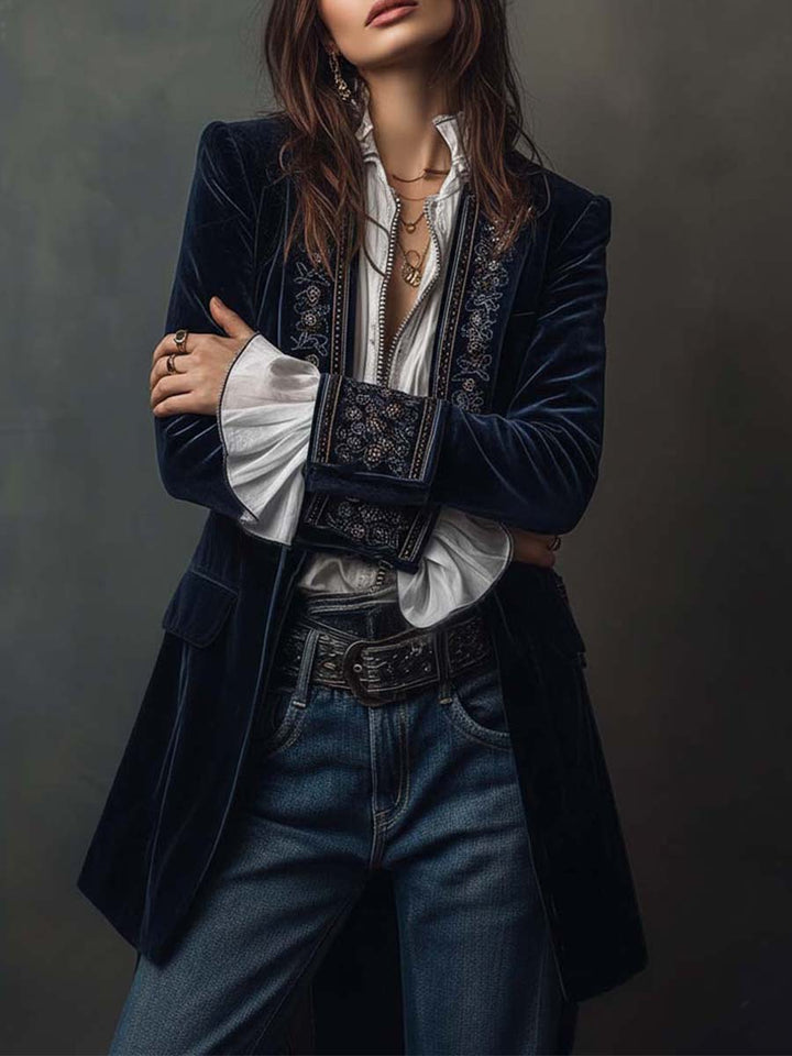 Athénaïs | Lange Bestickte Vintage-Jacke in Marineblau