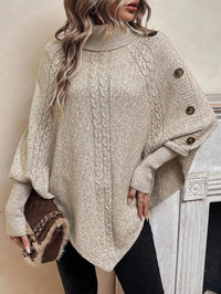 Alexis | Poncho-Sweater mit hohem Kragen und Fledermausärmeln, asymmetrischer Kabelstrick-Pullover
