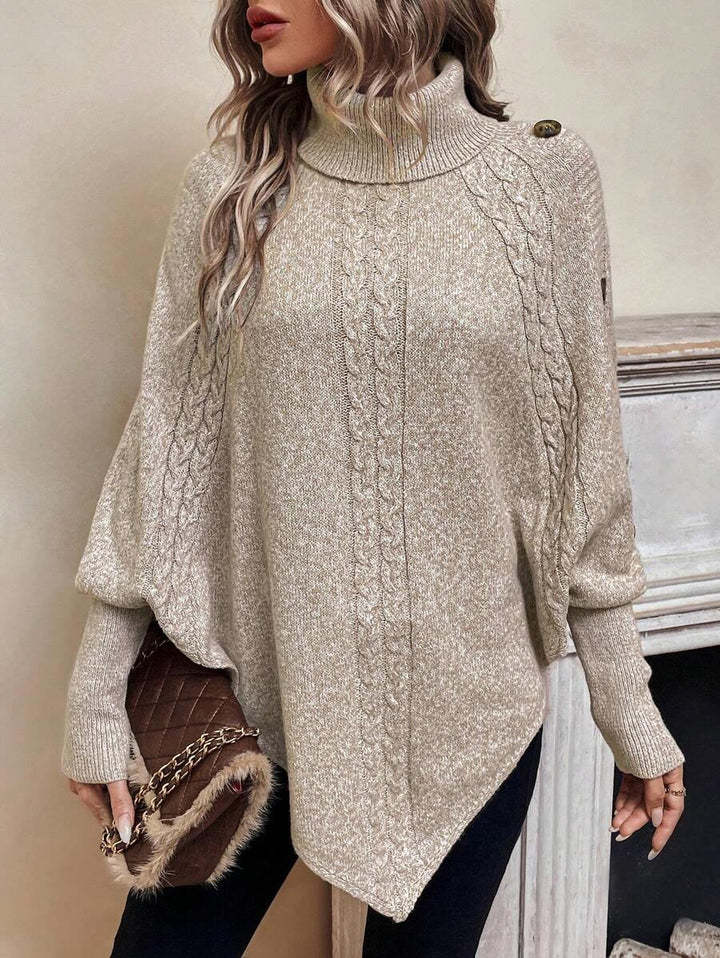 Alexis | Poncho-Sweater mit hohem Kragen und Fledermausärmeln, asymmetrischer Kabelstrick-Pullover