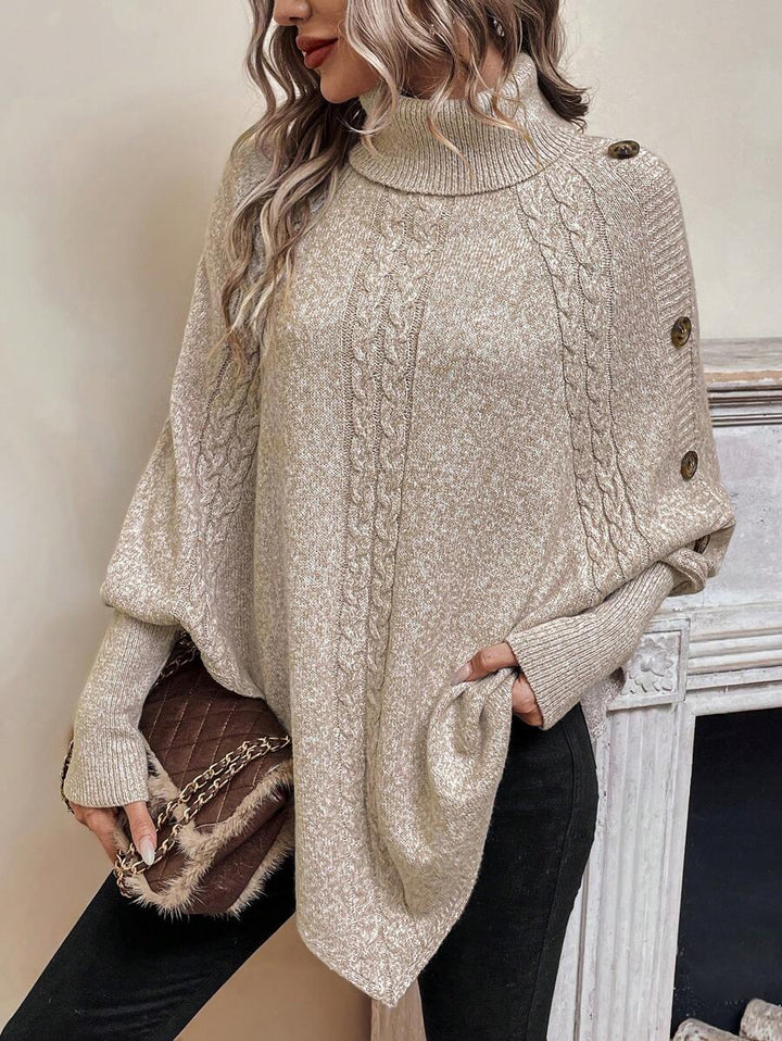 Alexis | Poncho-Sweater mit hohem Kragen und Fledermausärmeln, asymmetrischer Kabelstrick-Pullover