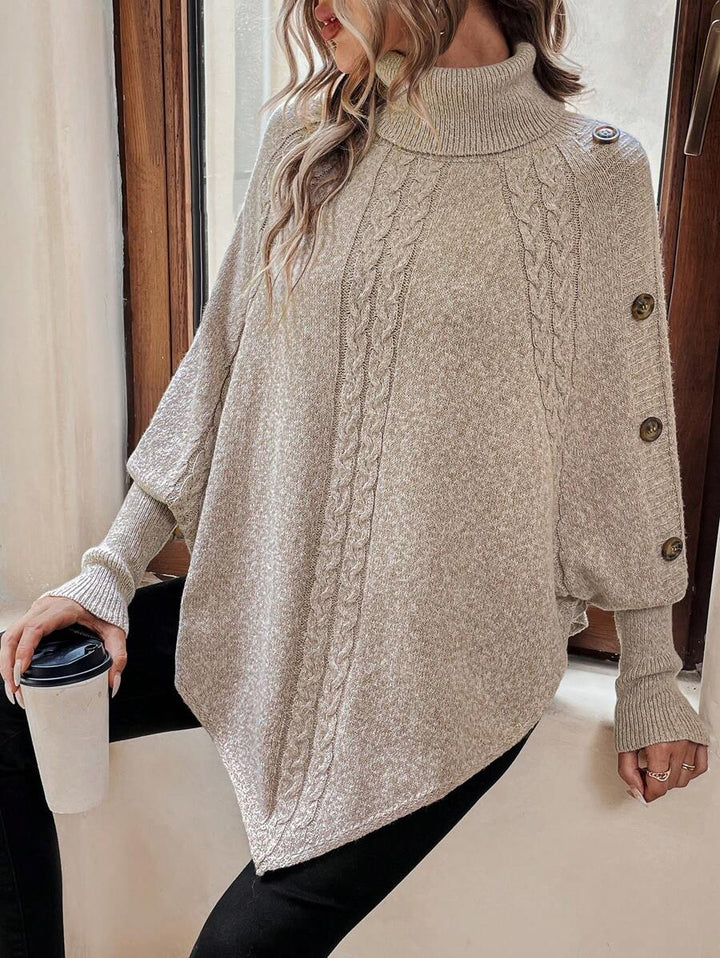 Alexis | Poncho-Sweater mit hohem Kragen und Fledermausärmeln, asymmetrischer Kabelstrick-Pullover