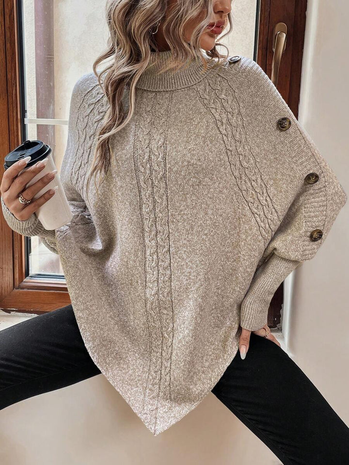 Alexis | Poncho-Sweater mit hohem Kragen und Fledermausärmeln, asymmetrischer Kabelstrick-Pullover