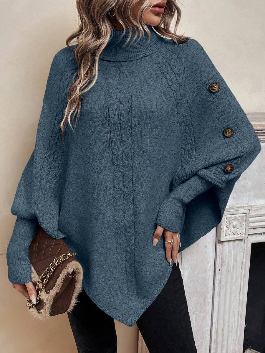Alexis | Poncho-Sweater mit hohem Kragen und Fledermausärmeln, asymmetrischer Kabelstrick-Pullover