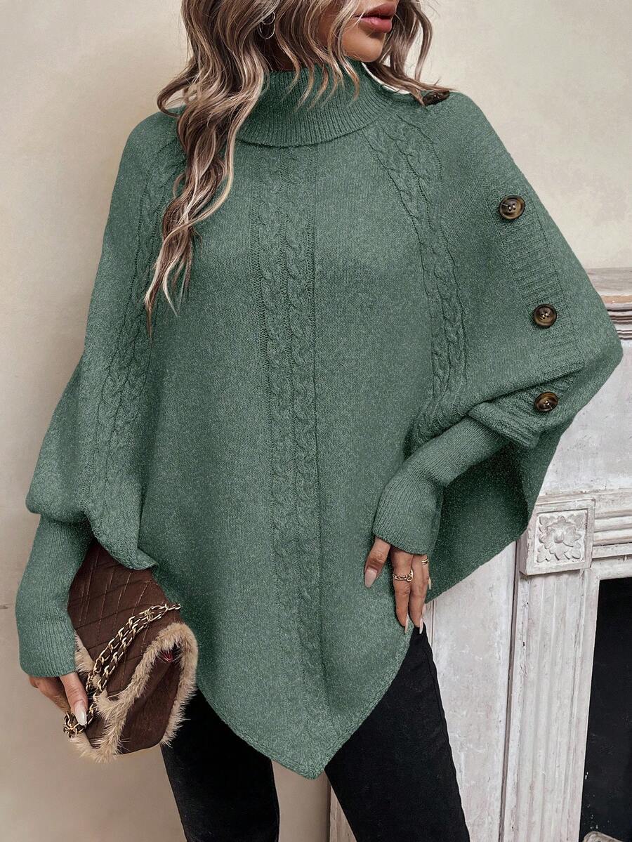 Alexis | Poncho-Sweater mit hohem Kragen und Fledermausärmeln, asymmetrischer Kabelstrick-Pullover