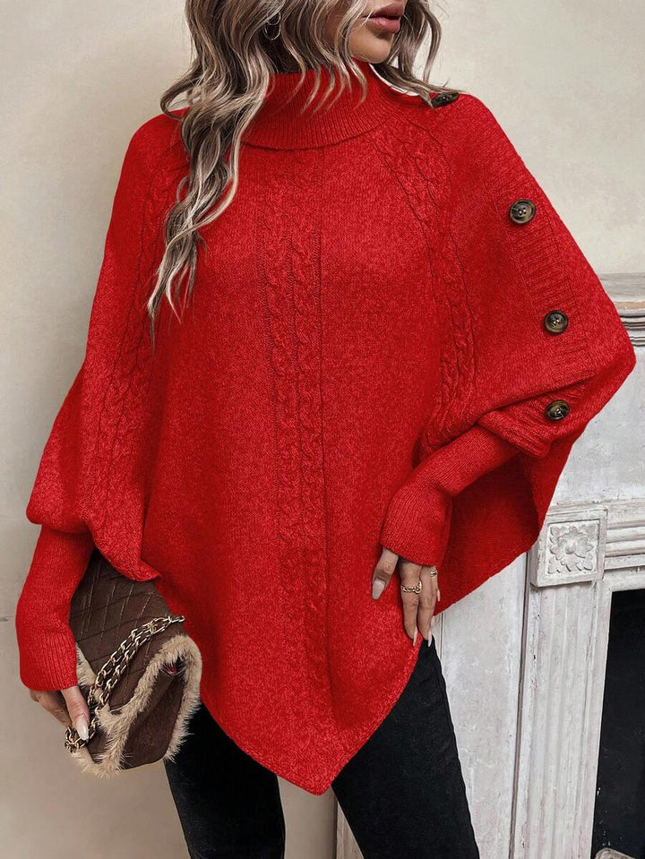 Alexis | Poncho-Sweater mit hohem Kragen und Fledermausärmeln, asymmetrischer Kabelstrick-Pullover
