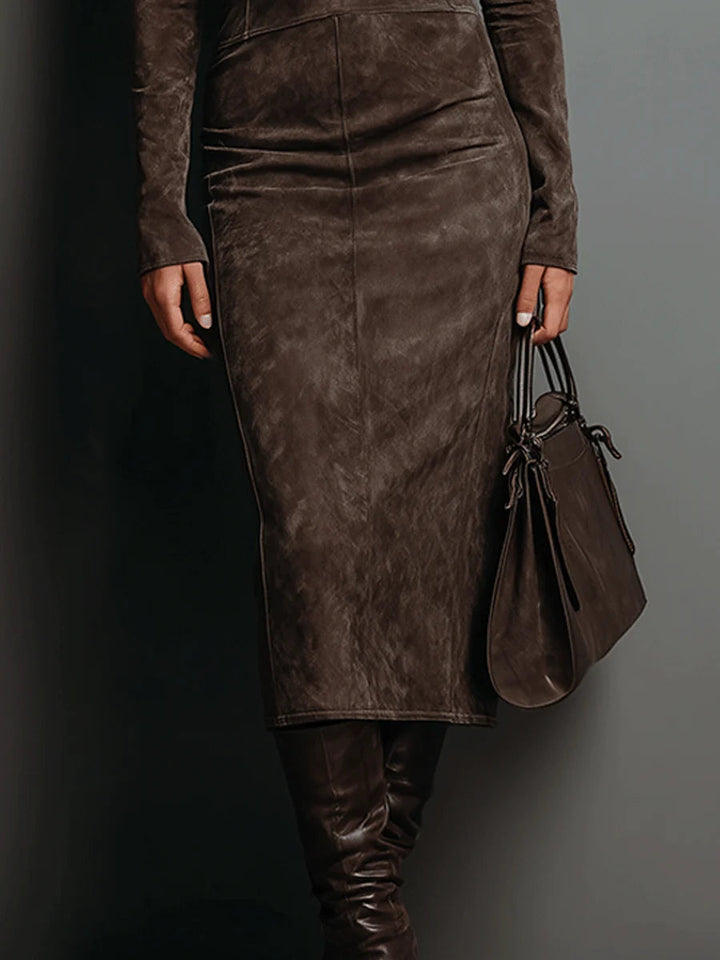 Lorène | Midi-Kleid in Braun mit Wildleder-Effekt