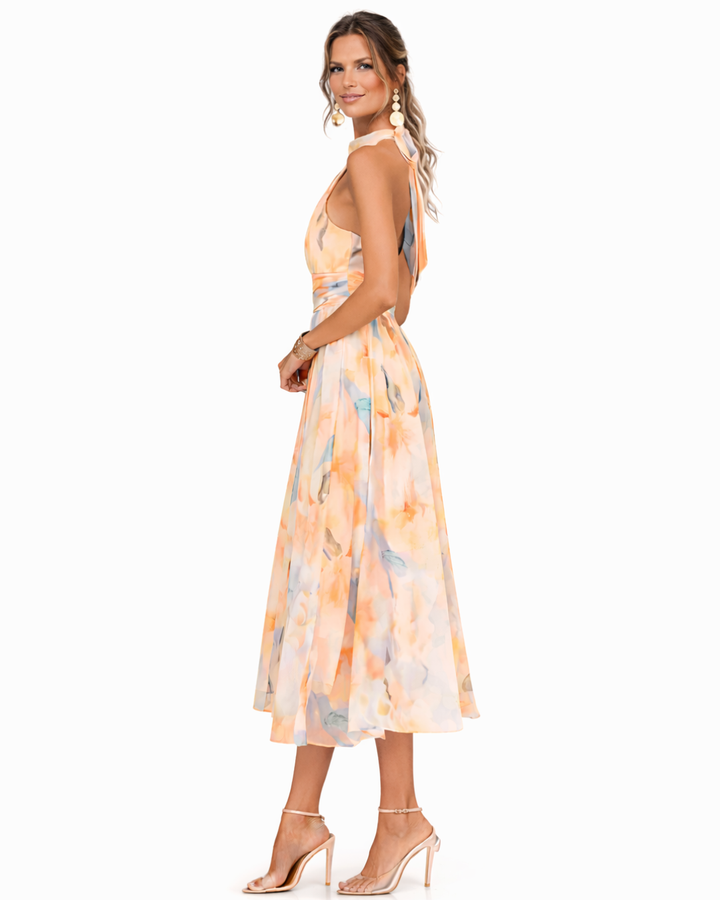 Aurora | Vestido con escote Halter y Estampado Acuarela