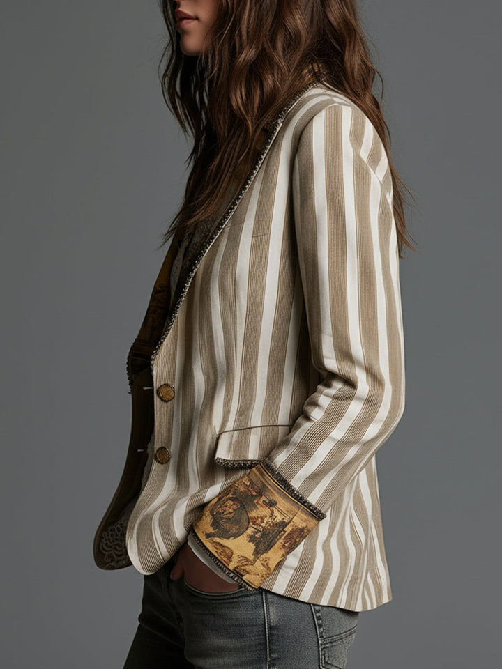 Damen Boho Blazer mit Gestreiftem Druck und Revers
