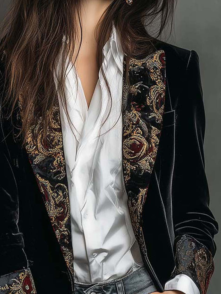 Slim Fit Blazer Schwarz mit Barockdruck für Frauen