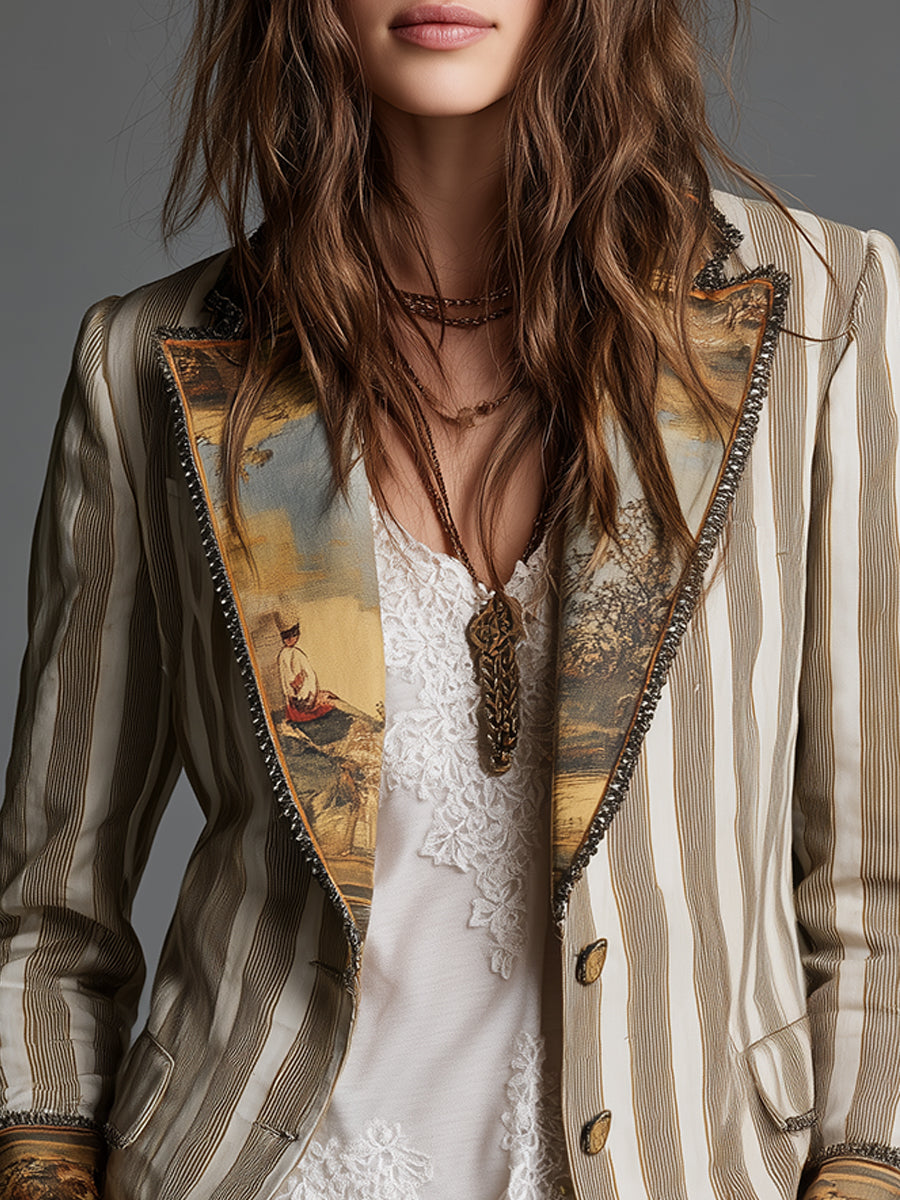 Damen Boho Blazer mit Gestreiftem Druck und Revers