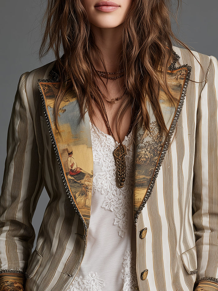 Damen Boho Blazer mit Gestreiftem Druck und Revers