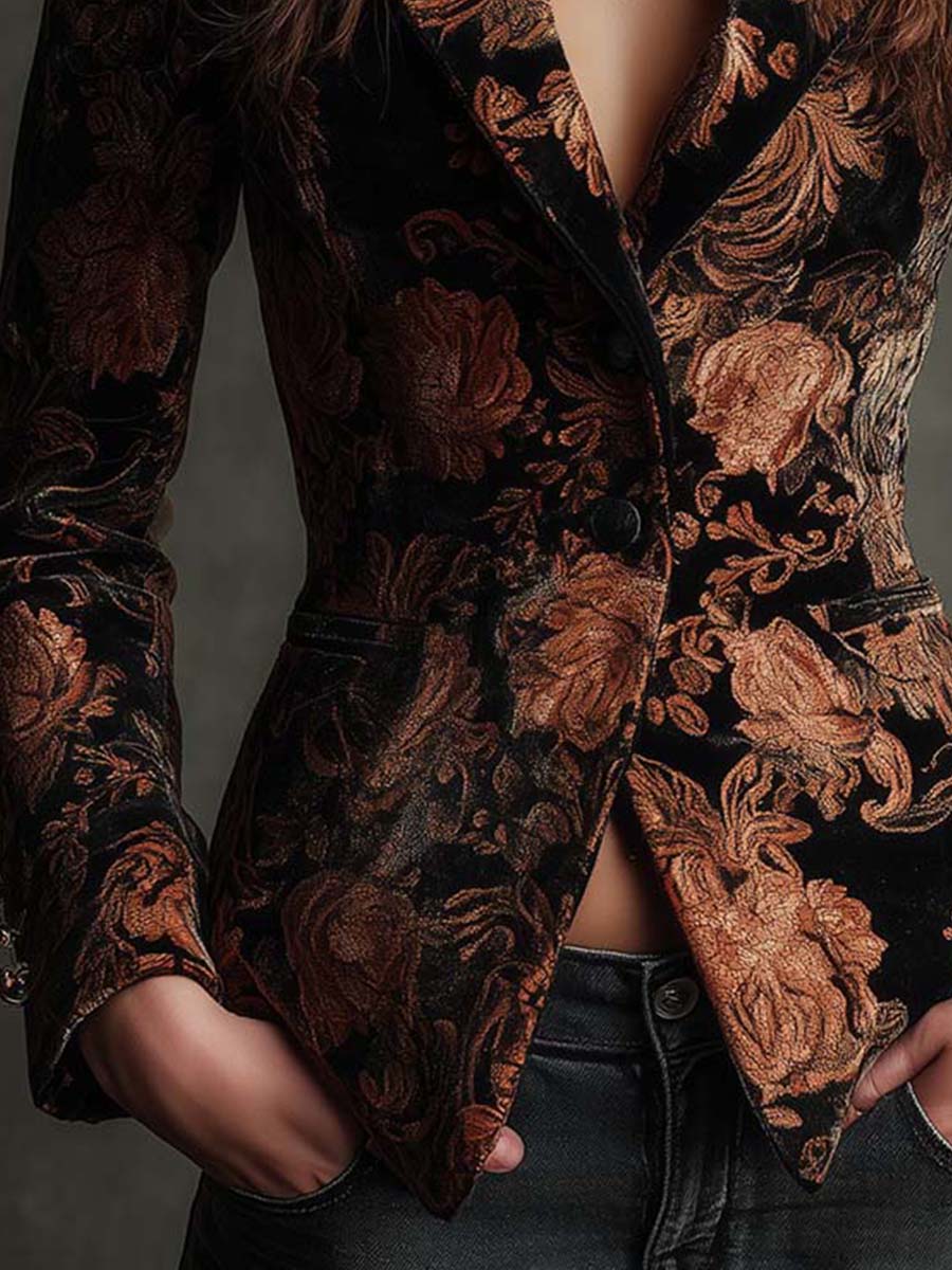 Bertille | Blazer Tailleur Mit Blumendruck in Schwarz und Bronze