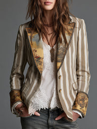 Damen Boho Blazer mit Gestreiftem Druck und Revers
