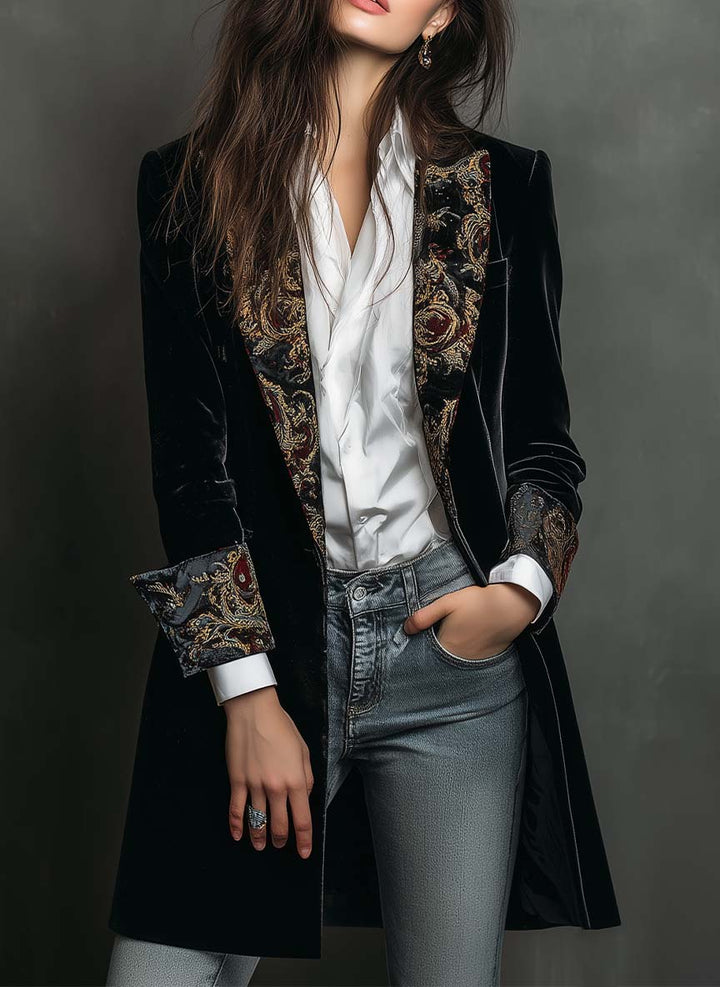 Slim Fit Blazer Schwarz mit Barockdruck für Damen