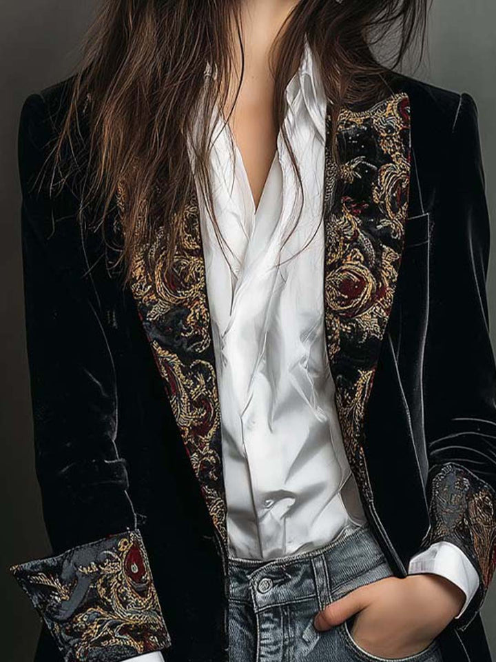 Slim Fit Blazer Schwarz mit Barockdruck für Frauen