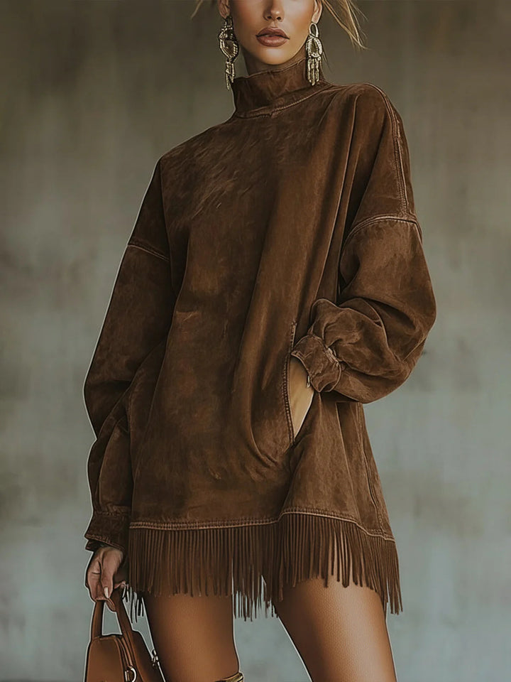 Gabrielle | Wildleder-Effekt Kleid mit hohem Kragen und Fransen