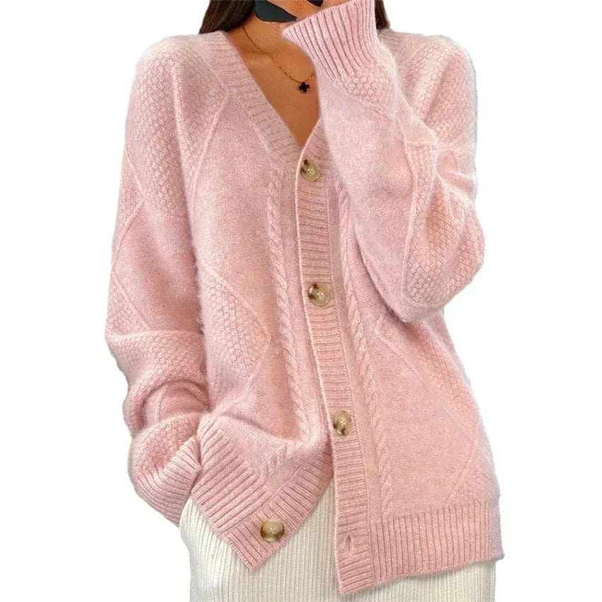 Aaliyah | Cardigan mit Knöpfen und V-Ausschnitt mit Rautenmuster, Alltags-Layer