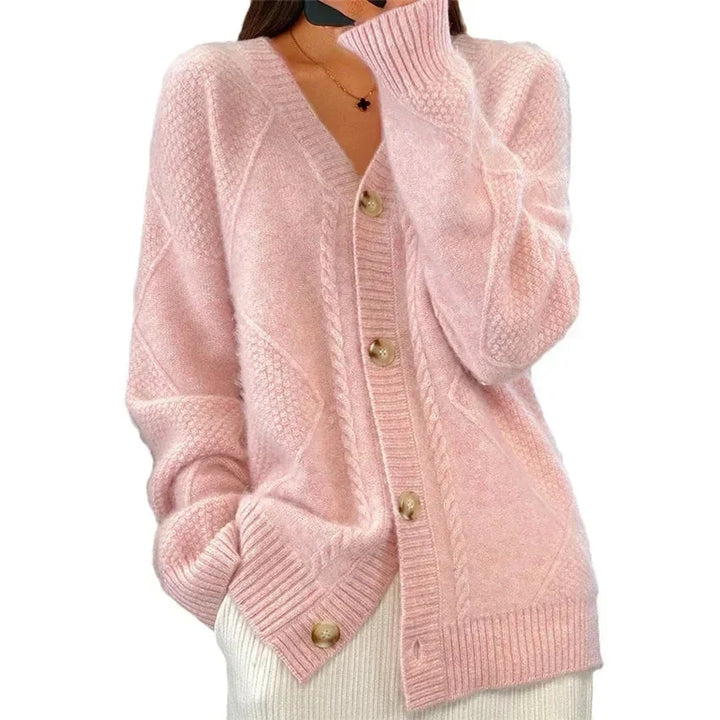 Aaliyah | Cardigan mit Knöpfen und V-Ausschnitt mit Rautenmuster, Alltags-Layer