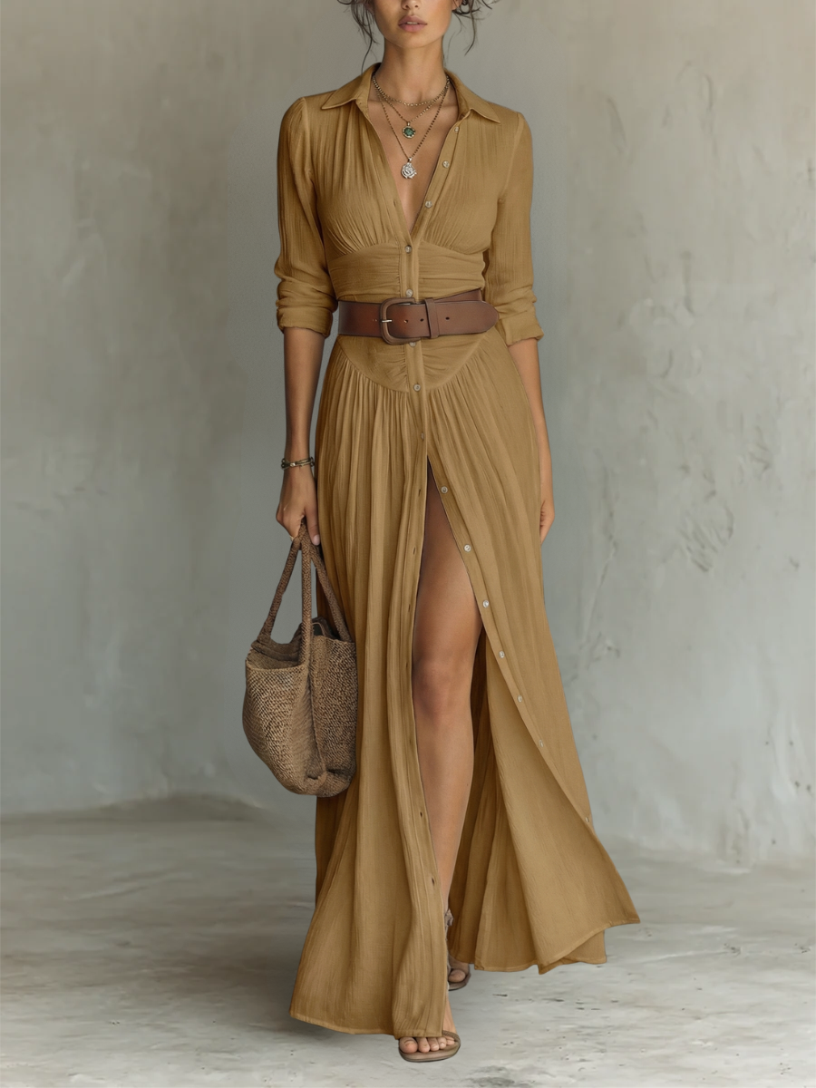 Maxi-Langkleid mit Reverskragen und langen Ärmeln