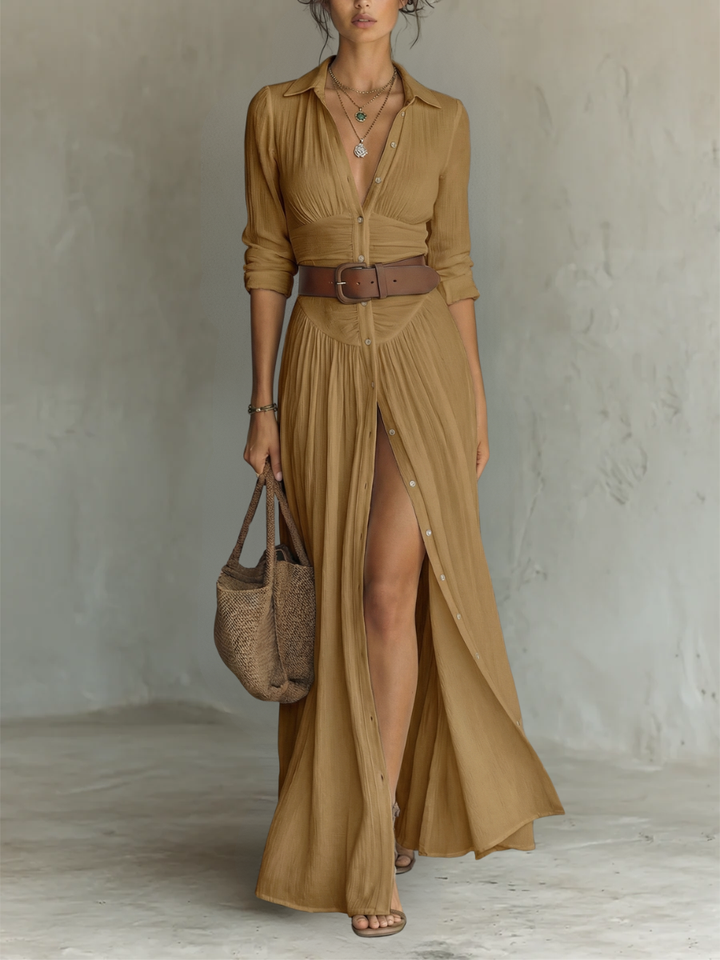 Maxi-Langkleid mit Reverskragen und langen Ärmeln