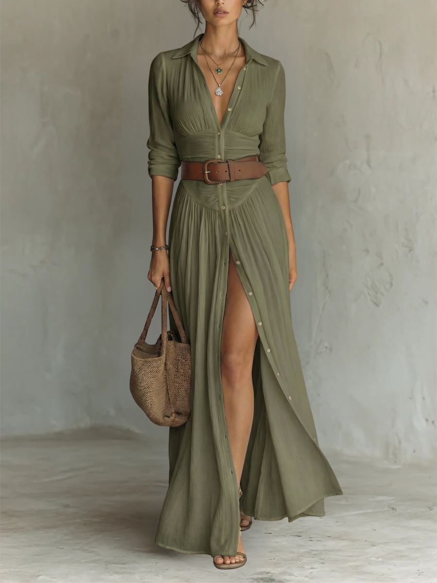 Maxi-Langkleid mit Reverskragen und langen Ärmeln