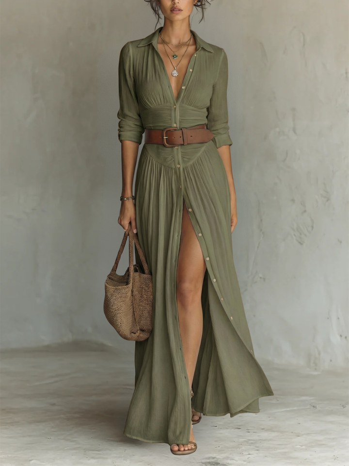 Maxi-Langkleid mit Reverskragen und langen Ärmeln
