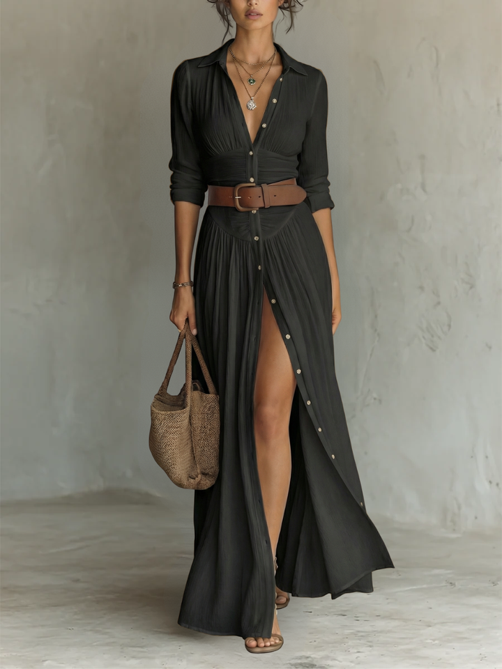 Maxi-Langkleid mit Reverskragen und langen Ärmeln