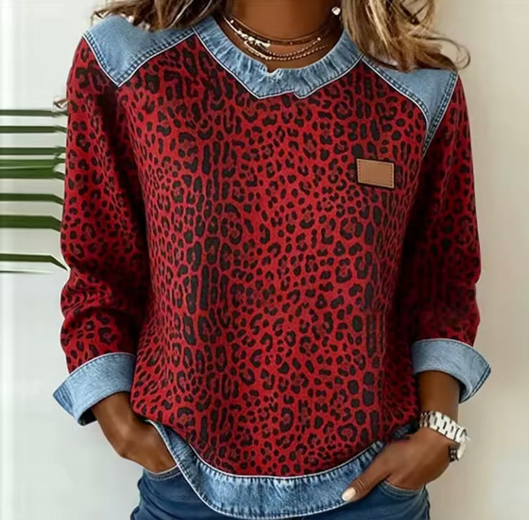 Hollyn™ | Leopardenmuster Pullover mit Denim-Kragen