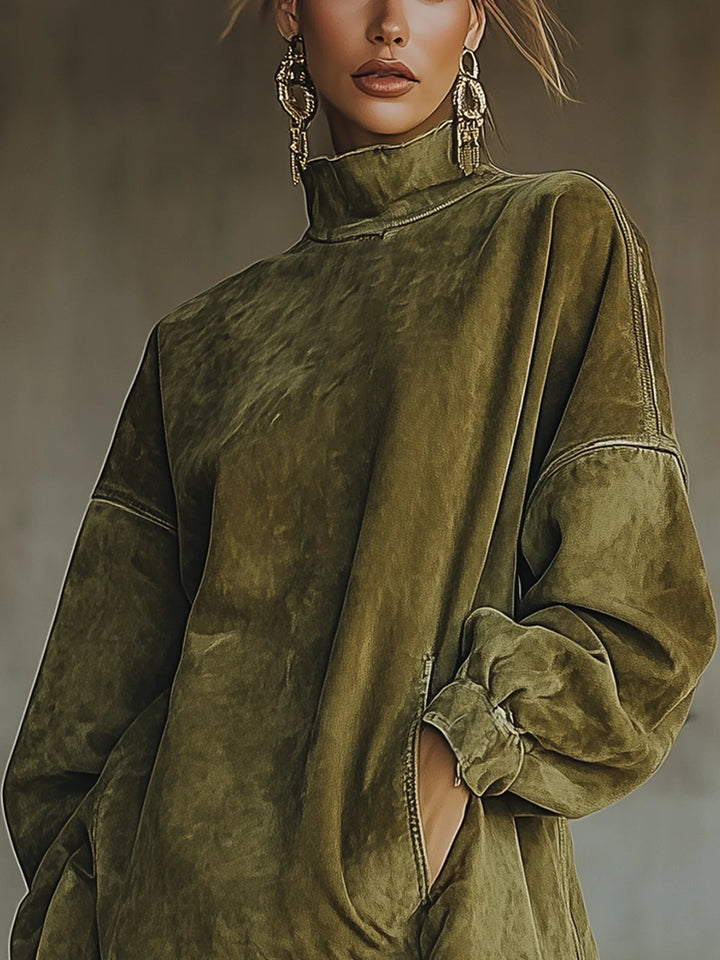 Gabrielle | Wildleder-Effekt Kleid mit hohem Kragen und Fransen