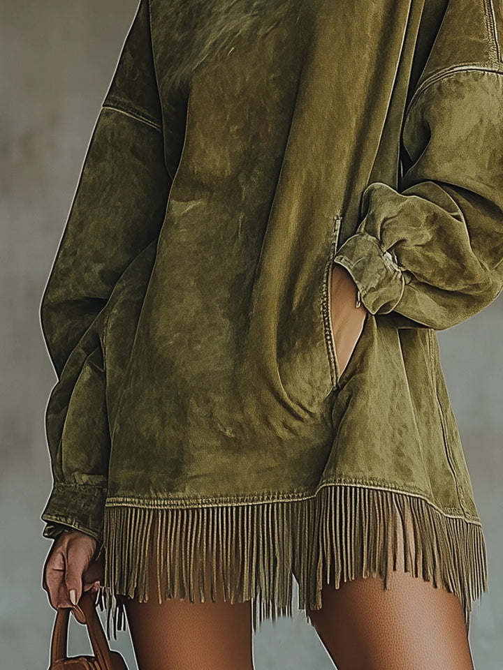 Gabrielle | Wildleder-Effekt Kleid mit hohem Kragen und Fransen
