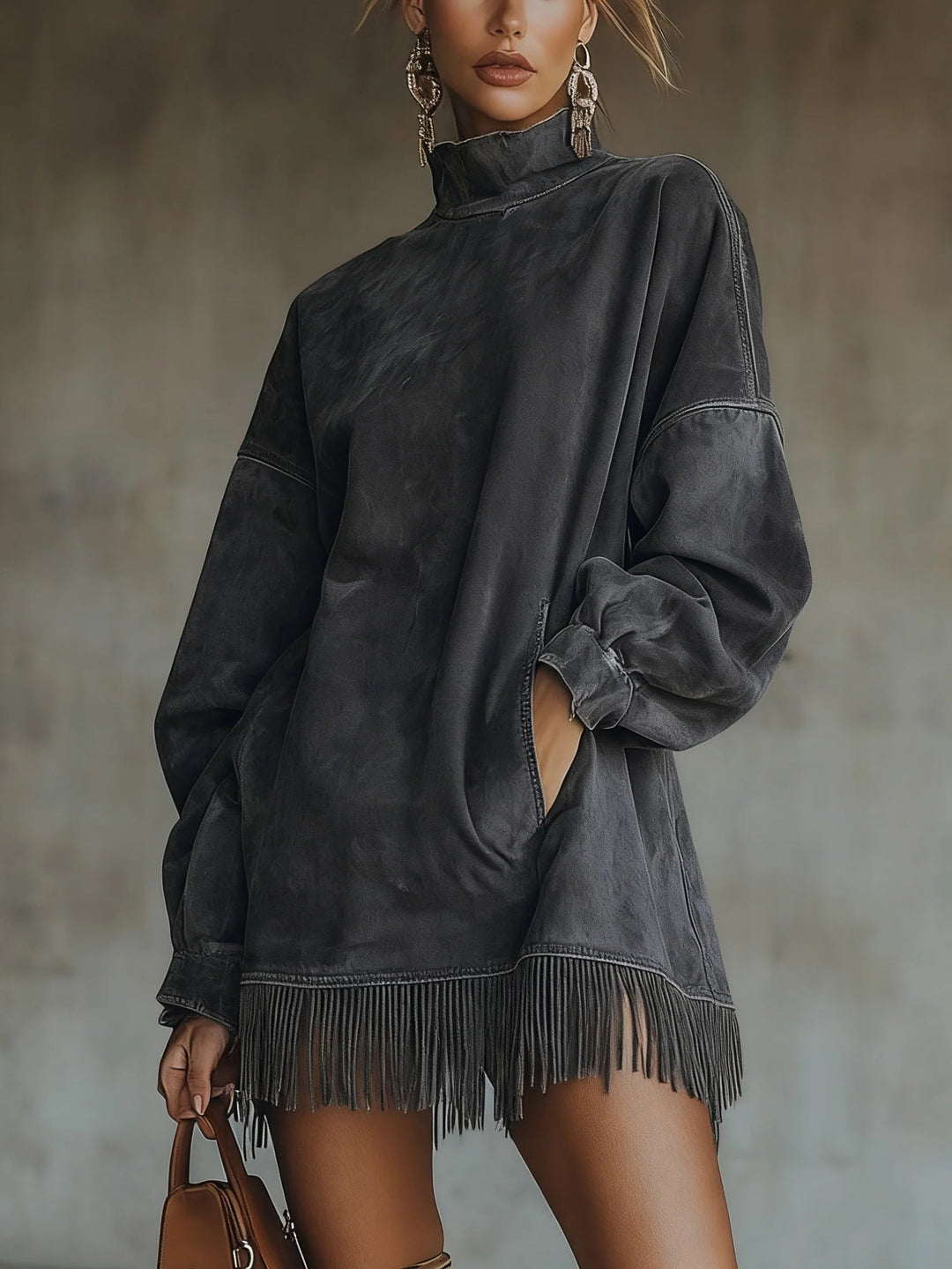 Gabrielle | Wildleder-Effekt Kleid mit hohem Kragen und Fransen