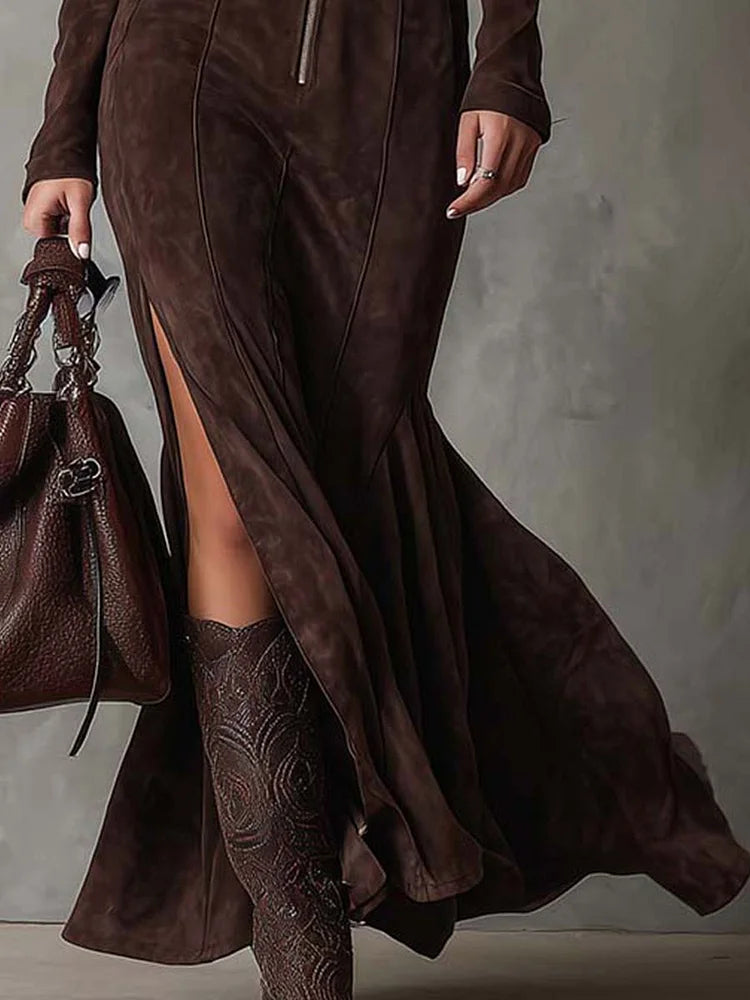 Marceline | Lange Braune Kleid mit Gürtel