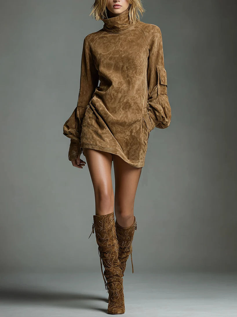 Bibiane | Mini Kleid Oversized aus Wildleder mit Hohem Kragen