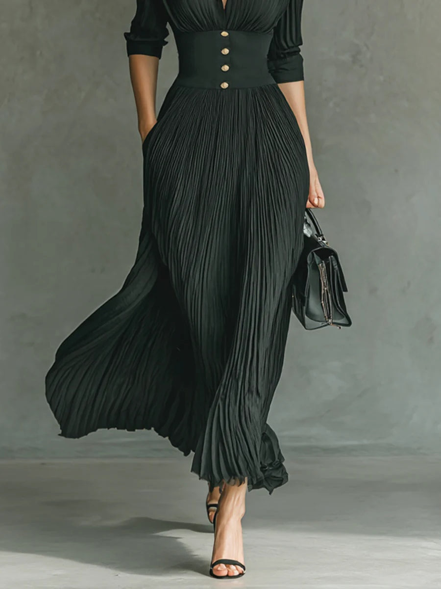 Elvire | Lange Plissierte Kleid mit Revers und Hoher Taille
