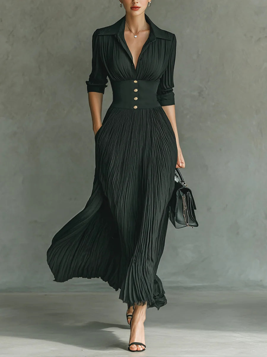 Elvire | Lange Plissierte Kleid mit Revers und Hoher Taille