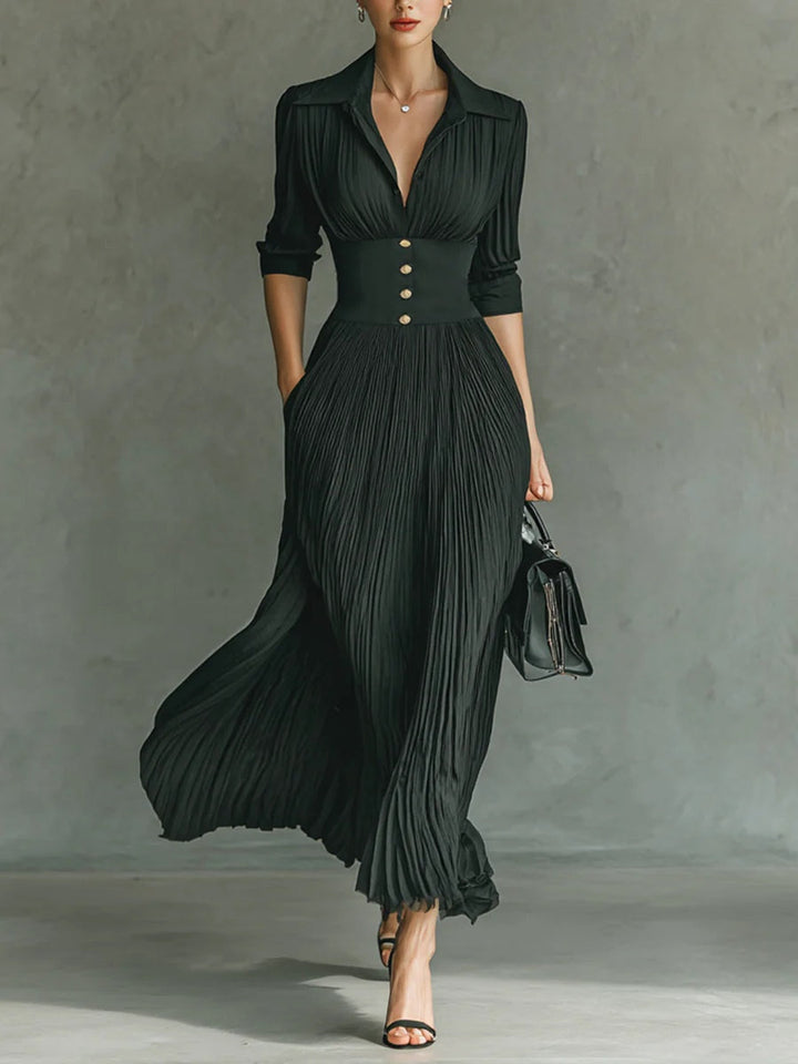 Elvire | Lange Plissierte Kleid mit Revers und Hoher Taille