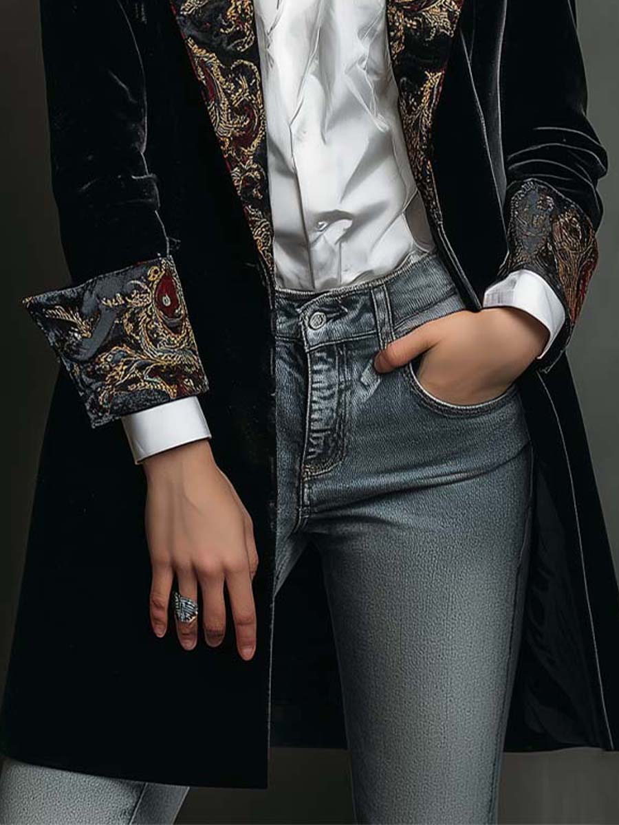 Slim Fit Blazer Schwarz mit Barockdruck für Frauen