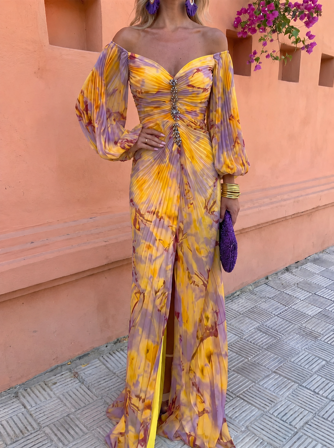 Greta™ | Langes Blumenkleid mit tiefem Ausschnitt