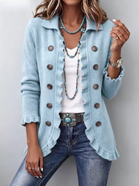 Cecilia | Pulloverjacke in staubblau mit Volants