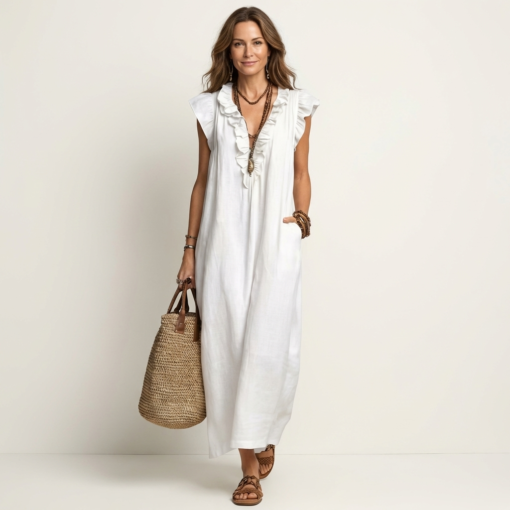 Josette | Maxikleid aus Leinen mit V-Ausschnitt und Volants