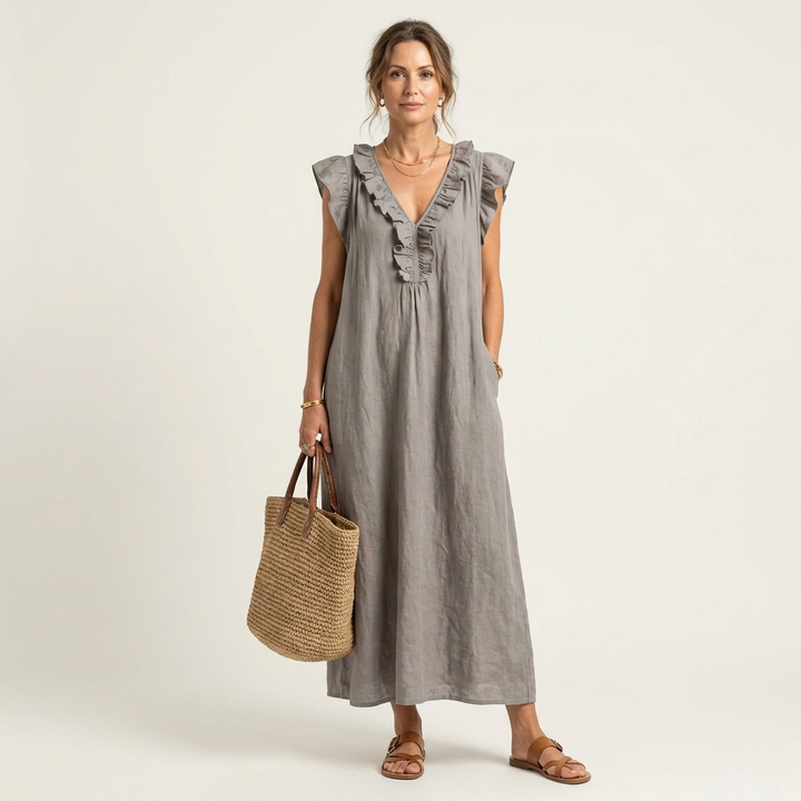 Josette | Maxikleid aus Leinen mit V-Ausschnitt und Volants