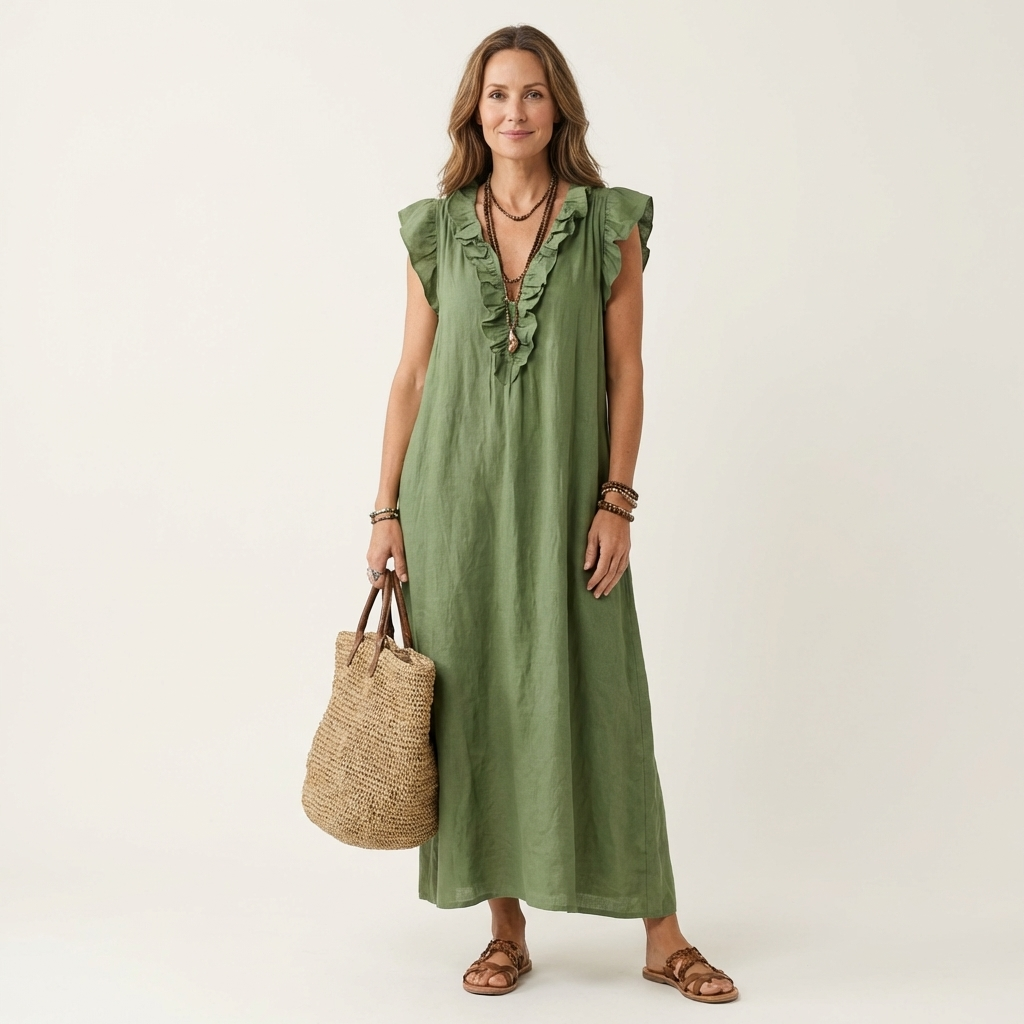 Josette | Maxikleid aus Leinen mit V-Ausschnitt und Volants