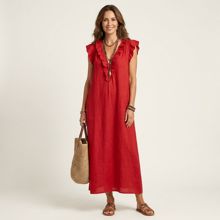 Josette | Maxikleid aus Leinen mit V-Ausschnitt und Volants