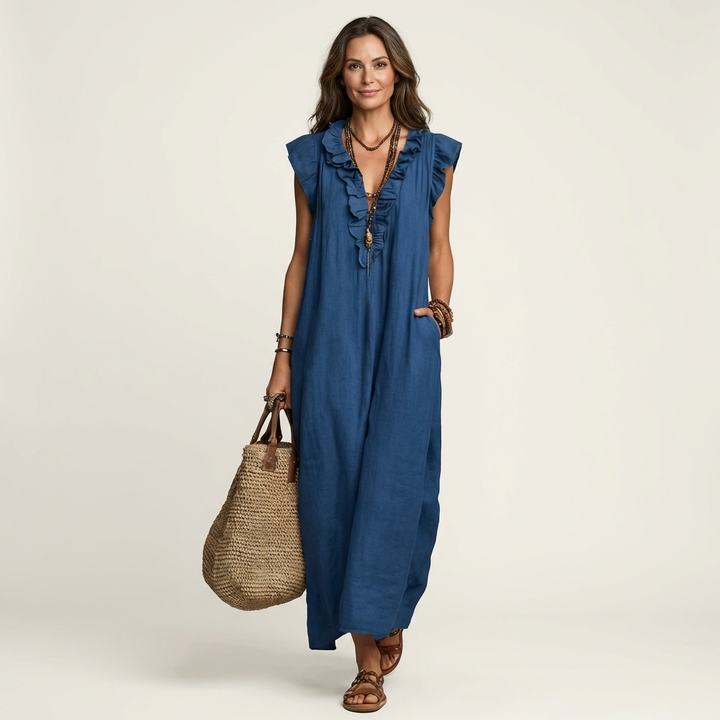 Josette | Maxikleid aus Leinen mit V-Ausschnitt und Volants