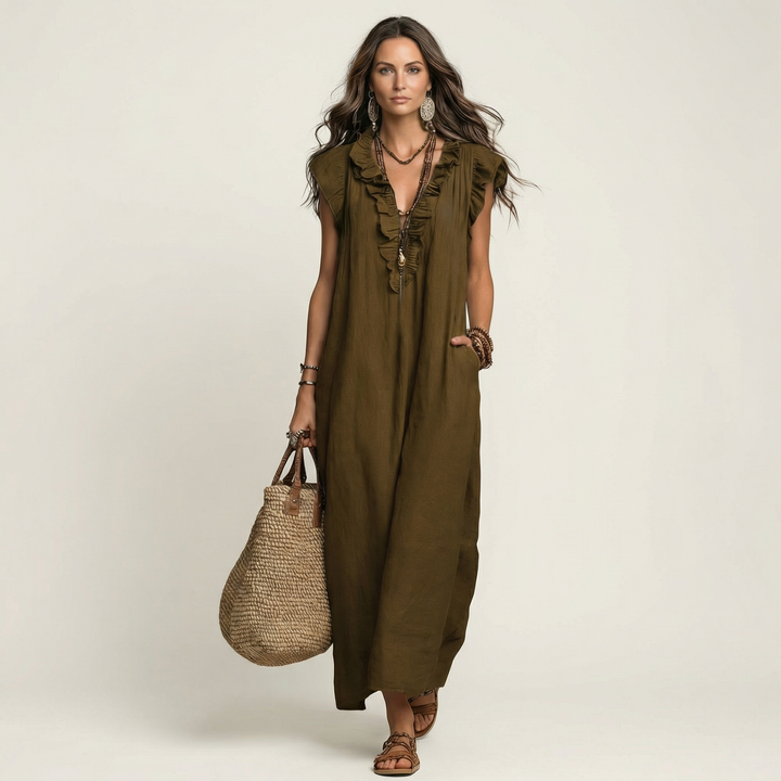 Josette | Maxikleid aus Leinen mit V-Ausschnitt und Volants