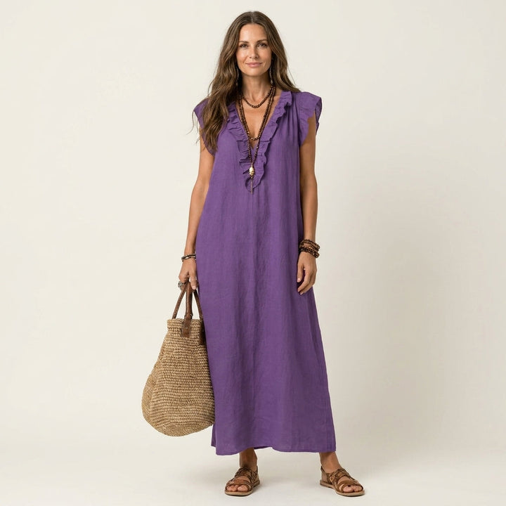 Josette | Maxikleid aus Leinen mit V-Ausschnitt und Volants