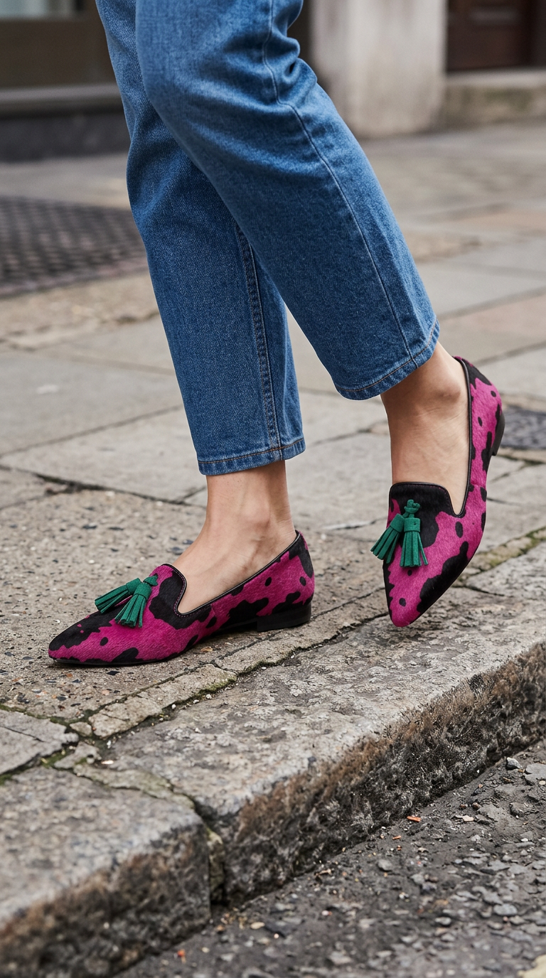 Mokassin Ginevra — Fuchsia Kuh, Grüne Quasten