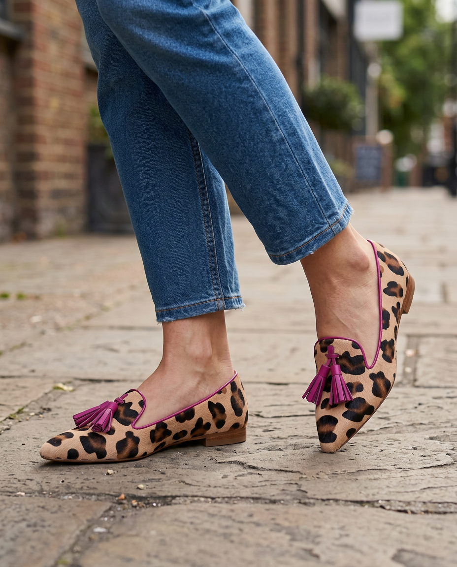 Mokassin Ginevra — Leopard, Fuchsia Quasten